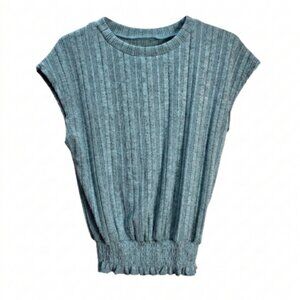 NWOT | Teal Heathered Ribbed Smocked Top | Ruffled Hemline | Size Small